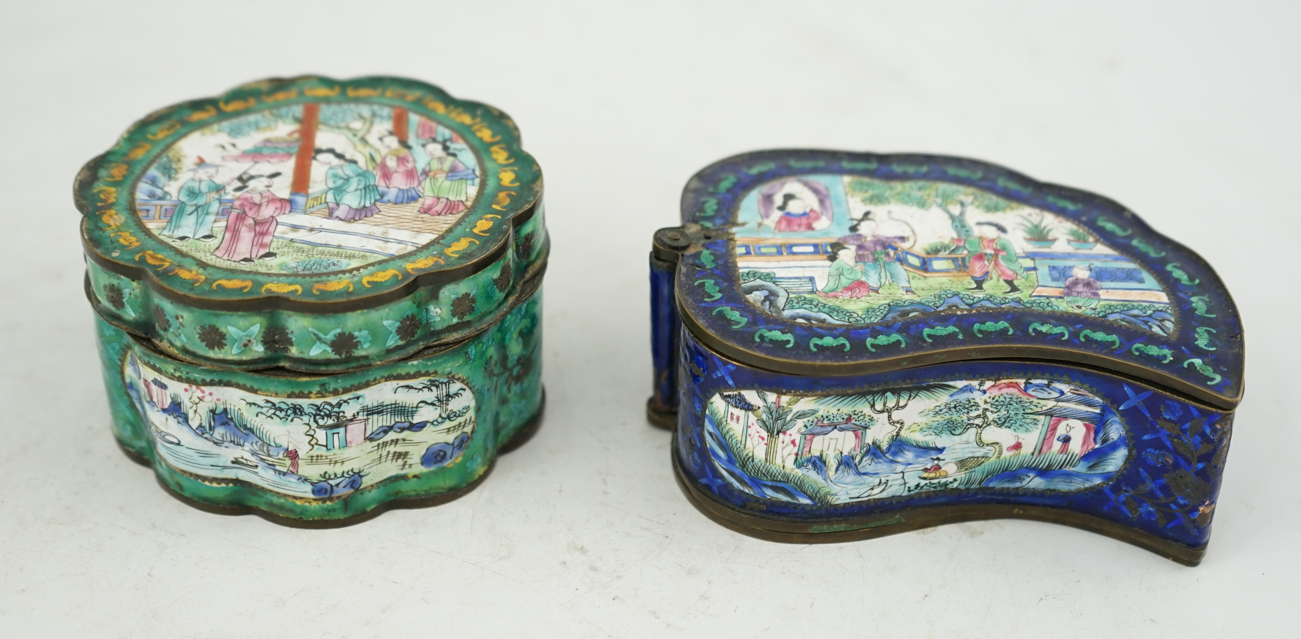 Two Chinese Guangzhou enamel boxes and a similar petal lobed dish, Daoguang period